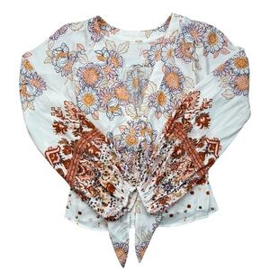 Free People Fall Vibes Flowers Leaves Pattern Long Sleeve Blouse Shirt Top sz. S